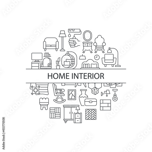 Home interior abstract linear concept layout with headline. Furniture and house decor minimalistic idea. Cozy lifestyle. Thin line graphic drawings. Isolated vector contour icons for background