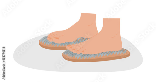 Sadhu Board. Bed of Nails. Yogic exercise. Fire Meditation Boards. Yoga desk. A feet standing on nails. Spiritual practice. Vector illustration in flat style.
