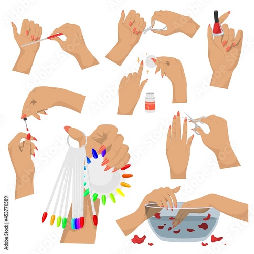 Manicure set, vector illustration. Hands and nails spa beauty treatment. Manicure tools. Nail art studio, salon services