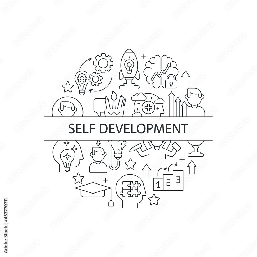 Self development abstract linear concept layout with headline. Innovating project. Personal improvement minimalistic idea. Thin line graphic drawings. Isolated vector contour icons for background