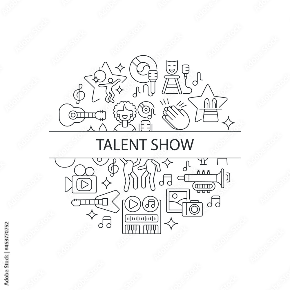 Talent show abstract linear concept layout with headline. Demonstrate talent and creativity. Live show minimalistic idea. Thin line graphic drawings. Isolated vector contour icons for background Talent show abstract linear concept layout with headline. Demonstrate talent and creativity. Live show minimalistic idea. Thin line graphic drawings. Isolated vector contour icons for background