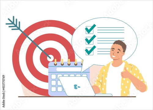 Target, calendar, to do list with check marks and businessman showing ok hand sign, vector illustration. Time management