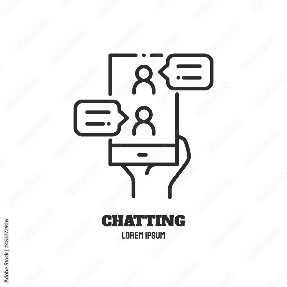Chatting line icon. Phone and messages from people. Logo concept. Video conference and online meeting concept. Distance work and learning. Vector illustration. smartphone, chatting, conferencing Chatting line icon. Phone and messages from people. Logo concept. Video conference and online meeting concept. Distance work and learning. Vector illustration. smartphone, chatting, conferencing
