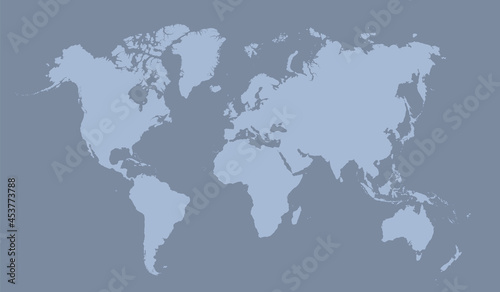 Gray map world. Minimalistic map world. Worldmap global. Worldwide globe. Silhouette continents on grey background. Silhouette map world with oceans. Flat design for prints. Planet earth. Vector