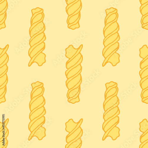 Seamless pattern of Fusilli paste, yellow in flat style on a yellow background. a kind of dry short pasta twisted into a spiral. Vector pattern of a single dry yellow paste, drawn in the style of a sk