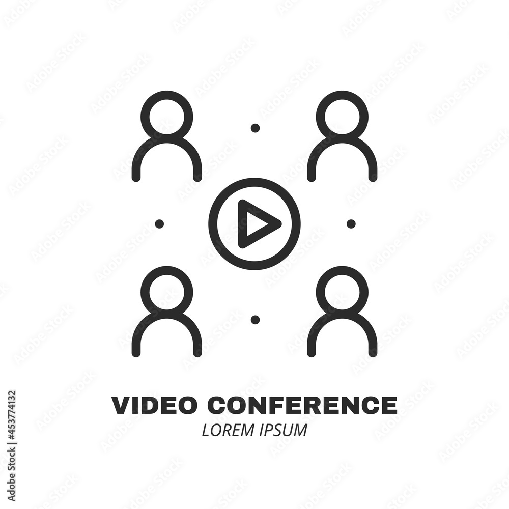 people and play button icon isolated. Logo concept. Video conference and online meeting concept. Distance work and learning. Vector illustration. Laptop, computer, smartphone, chatting, conferencing people and play button icon isolated. Logo concept. Video conference and online meeting concept. Distance work and learning. Vector illustration. Laptop, computer, smartphone, chatting, conferencing