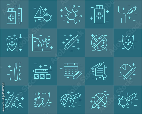 Vaccination and immunization line icon set. Collection of editable stroke symbols. Vaccines against virus, vaccination sheldule, anti vaccine, shield virus. Flu, hepatitis, measles covid prevention