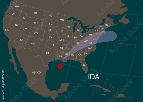 Hurricane IDA moves into the USA. World map. Vector illustration. EPS 10