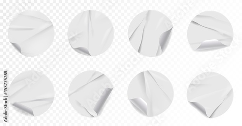Realistic wrinkled sticker or label with curled corner set. Set of adhesive crumpled patch mockup with clear surface and twisted edge vector illustration isolated on transparent background