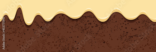 Cake horizontal banner. Biscuit  seamless pattern with creamy glaze. Panettone border with spreading sweet cream. Vector design template for banner, poster, flyer, postcard, cover,advertising