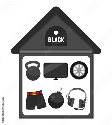 Vector illustration of a black house . Learning colors for children. Template for developing activities.
