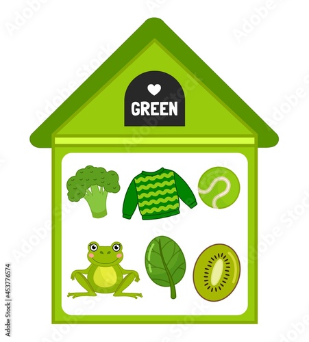 Vector illustration of a green house . Learning colors for children. Template for developing activities.
