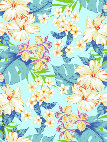 Aloha hawaii flower pattern. Summer hibiscus, plumeria, orchid, monstera pattern. Hawaiian summer pattern on white background. Tropical flowers print for wallpaper or fabric.