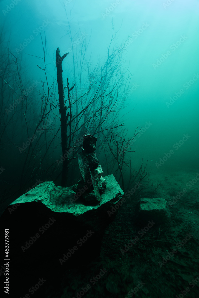 Obraz premium a stone idol under water in a flooded marble quarry