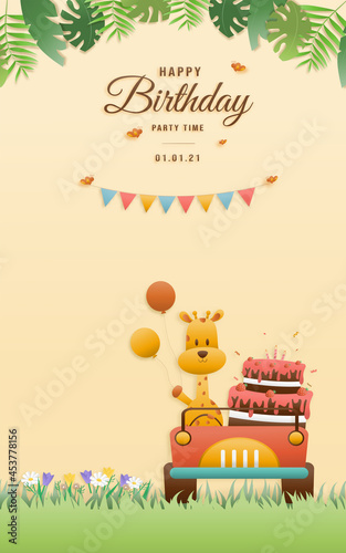 Greeting card Cute birthday A giraffe drives a car with cake. jungle animals celebrate children's birthdays and template invitation paper cut and papercraft style vector illustration.
