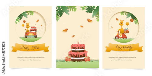 Set banner Invitation birthday cute greeting card. jungle animals celebrate children's birthdays and template invitation paper and papercraft style vector illustration. Theme happy birthday.