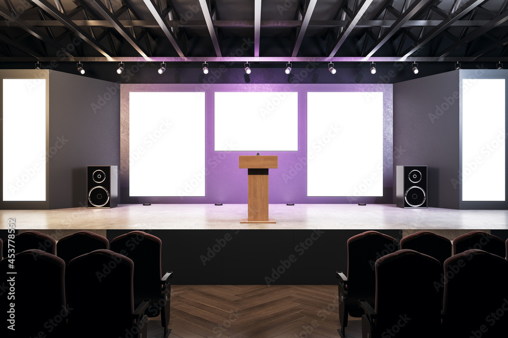 Modern auditorium interior with empty posters and wooden flooring and reflections. Speaker and presentation concept. Mock up, 3D Rendering.
