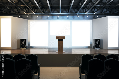 Konstfotografi Modern auditorium interior with empty posters and wooden parquet flooring with reflections