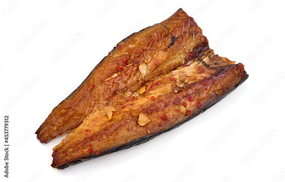 Smoked and peppered mackerel fillet, isolated on white background.