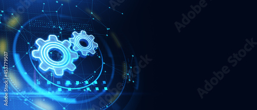 Abstract glowing gear wheels on blue background with connections and mock up place. Digital engineering and industry concept. 3D Rendering.