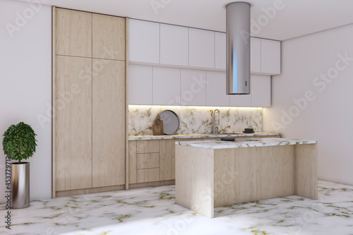 Contemporary wooden and marble kitchen interior with furniture and sunlight. 3D Rendering.