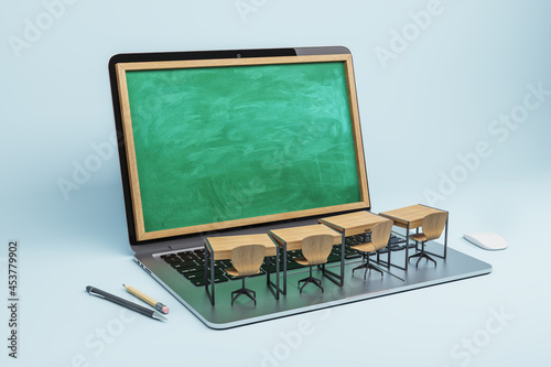 Abstract notebook chalkboard screen classrom on light background. Online education, seminar, workshop and knowledge concept. Mock up, 3D Rendering.
