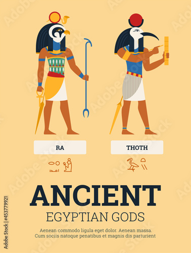 Ancient egyptian god Ra deity of the sun with head of falcon bird, flat vector illustration isolated on white background. Mythological religious egyptian sky-god.