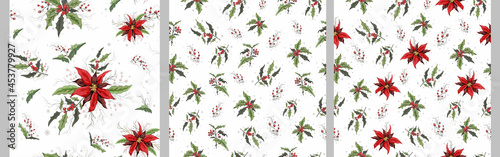 set of seamless vector wallpaper with a pattern of holly branches, poinsettia. the hand-drawn sketch is made in a minimalist style. art vintage  illustration for paper, print, winter ideas