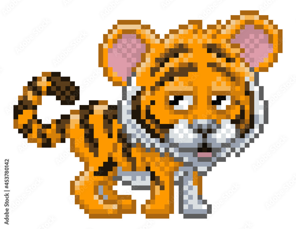 Fototapeta premium Tiger Pixel Art Safari Animal Video Game Cartoon