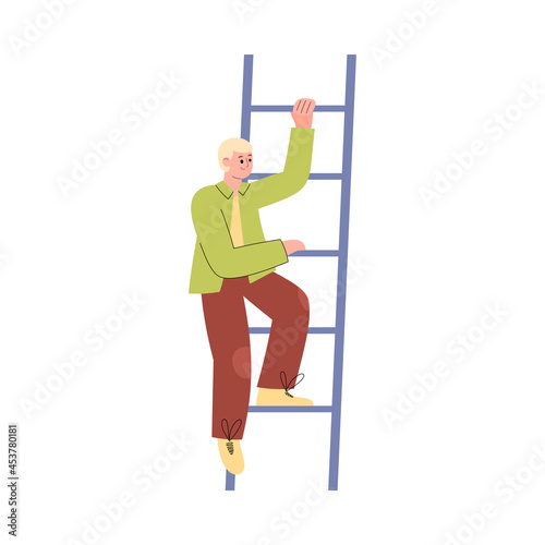 Young man climbing on ladder, flat vector illustration isolated on white.