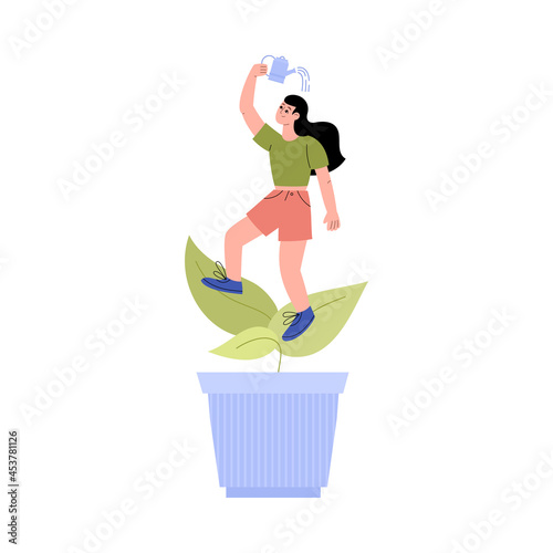 Woman watering herself in flower pot, flat vector illustration isolated.