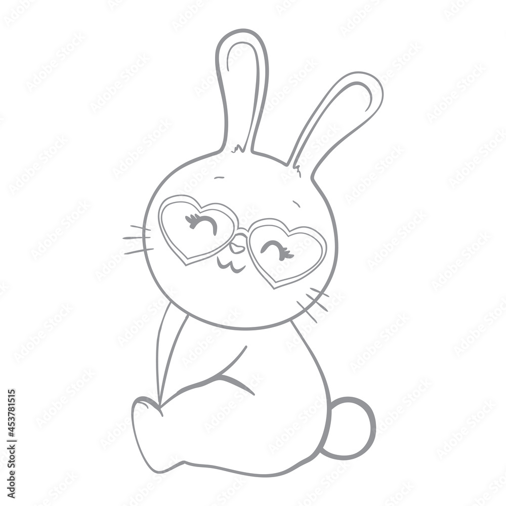Rabbit close-up in a sitting position contour on a white background looks in front of the muzzle visible ears stick up Rabbit close-up in a sitting position contour on a white background looks in front of the muzzle visible ears stick up