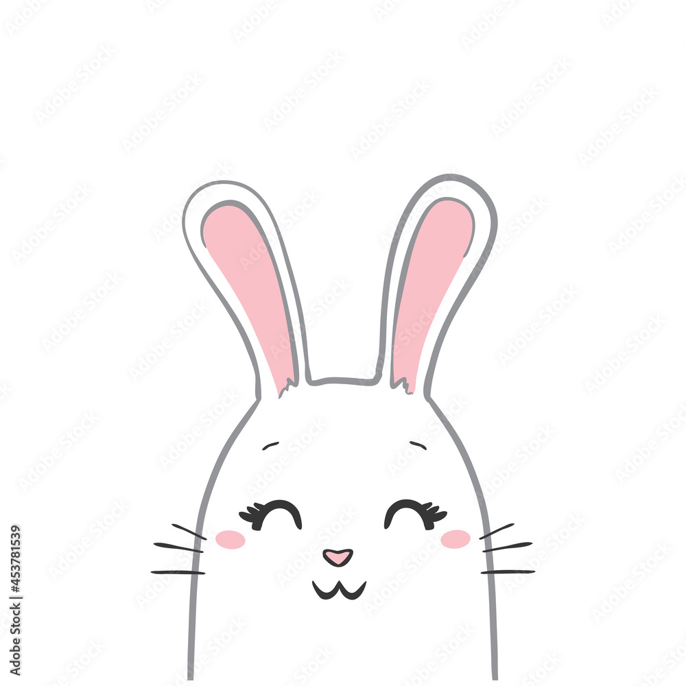 Rabbit close-up in a sitting position contour on a white background looks in front of the muzzle visible ears stick up