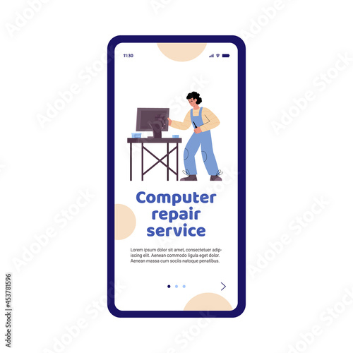 Computer repair service onboarding mobile page, flat vector illustration.