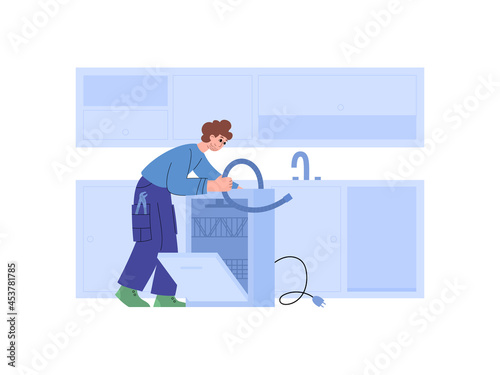 Service center repairman repairing dishwasher flat vector illustration isolated.