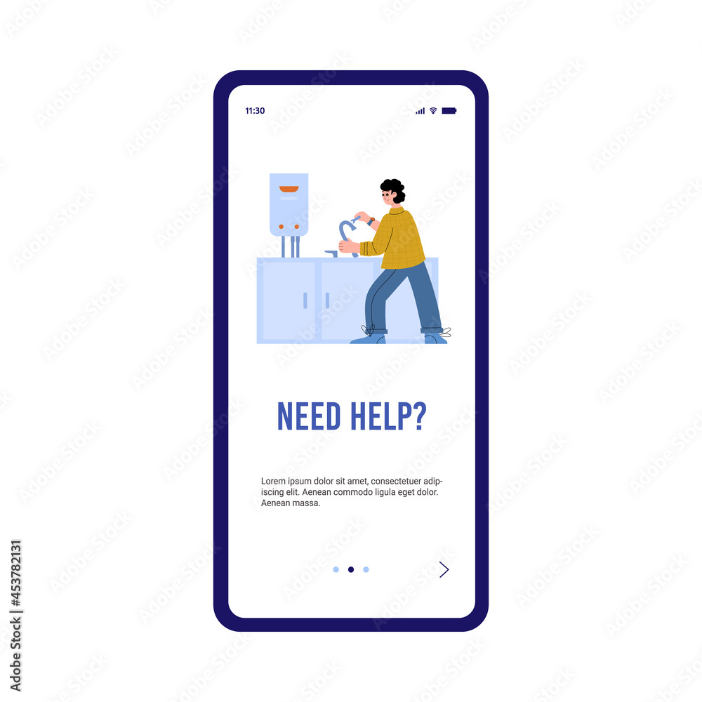 Home repair and plumber services onboarding mobile app, flat vector illustration. Home repair and plumber services onboarding mobile app, flat vector illustration.