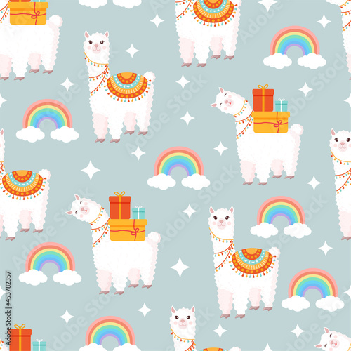 Seamless pattern with funny llamas with gifts, rainbows, clouds and stars on a gray background. Vector illustration for baby texture, fabric, poster, greeting card, decor. Cute alpaca from Peru.