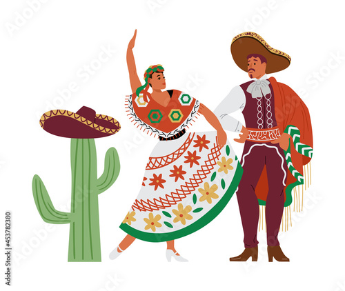 Mexican people in folk costumes near cactus, flat vector illustration isolated.