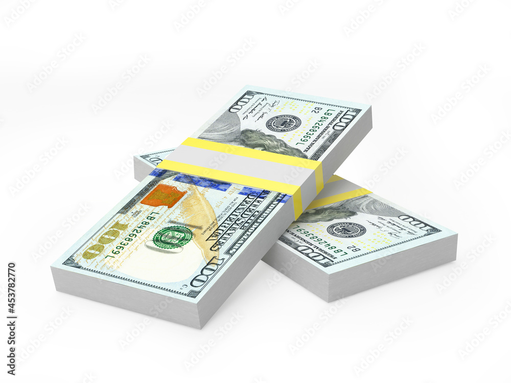 Two bundles of one hundred dollar bills isolated on white. 3D illustration Two bundles of one hundred dollar bills isolated on white. 3D illustration