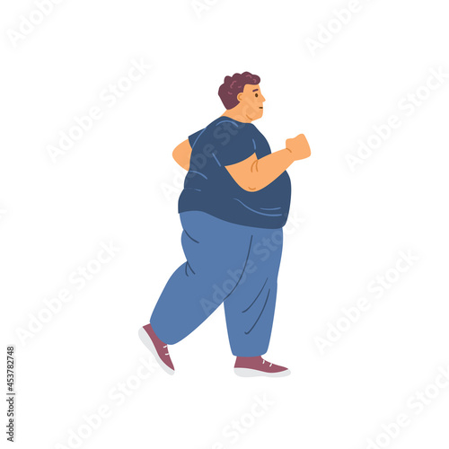 Overweight man losing weight by running, flat vector illustration isolated.