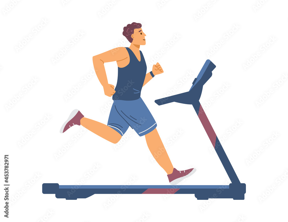 Fototapeta premium Athletic man running on treadmill, flat cartoon vector illustration isolated.