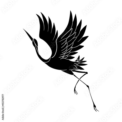 The silhouette of a flying crane on a white background.