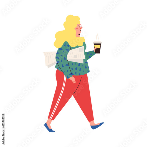 Woman carrying newspaper and coffee, flat cartoon vector illustration isolated.