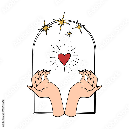 Vintage Mystic hands and shining heart inside arch with stars Illustration