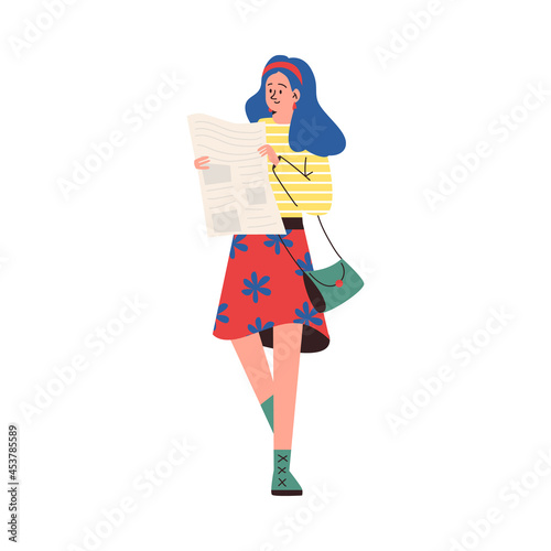 Woman reads newspaper while walking down street, vector illustration isolated.