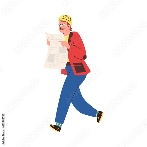 Man reading a newspaper on the run, flat cartoon vector illustration isolated.
