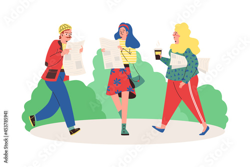 People read newspaper on their way to work, flat vector illustration isolated.