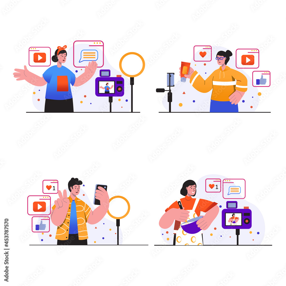 Video blogging concept scenes set. People create videos using cameras or smartphones, record tutorials or stream at blogs, bloggers make content. Vector illustration collection in trendy flat design
