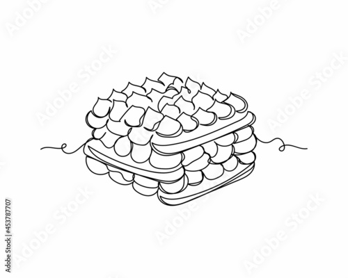 Continuous one line drawing of tiramisu italian dessert icon in silhouette on a white background. Linear stylized.