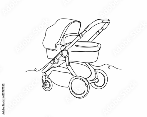 Continuous one line drawing of stroller icon in silhouette on a white background. Linear stylized.
